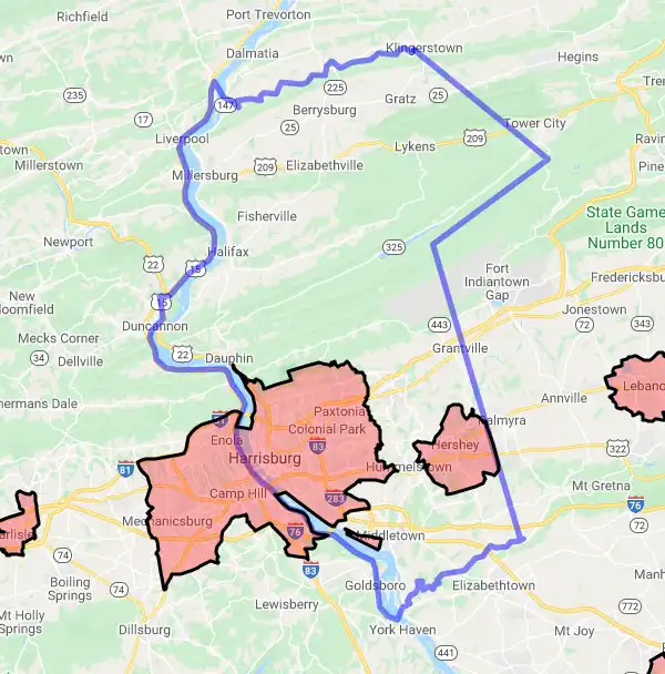 County level USDA loan eligibility boundaries for Dauphin, Pennsylvania