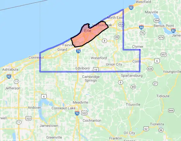 County level USDA loan eligibility boundaries for Erie, Pennsylvania