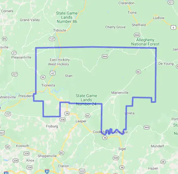 County level USDA loan eligibility boundaries for Forest, Pennsylvania
