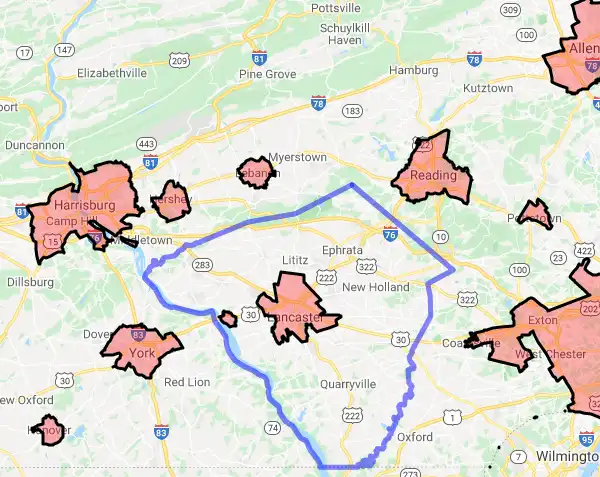 County level USDA loan eligibility boundaries for Lancaster, Pennsylvania
