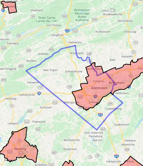 County level USDA loan eligibility boundaries for Lehigh, Pennsylvania