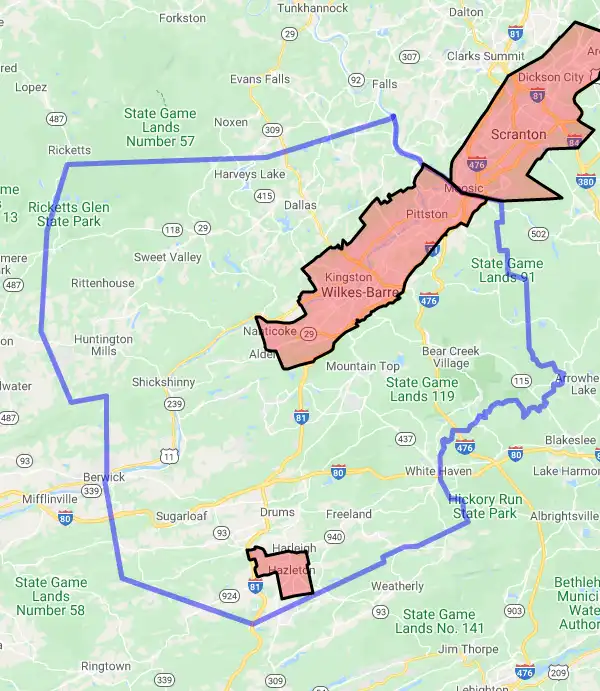 County level USDA loan eligibility boundaries for Luzerne, Pennsylvania