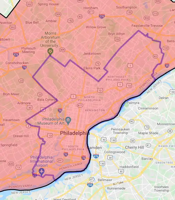 County level USDA loan eligibility boundaries for Philadelphia, Pennsylvania