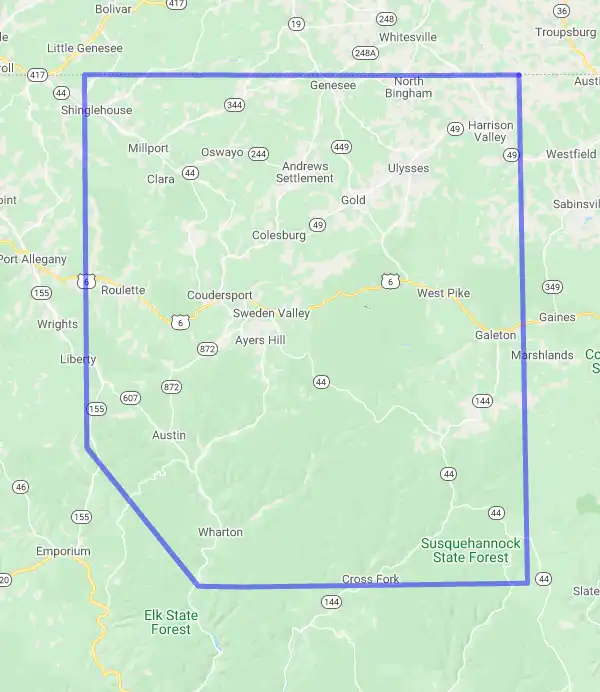 County level USDA loan eligibility boundaries for Potter, Pennsylvania