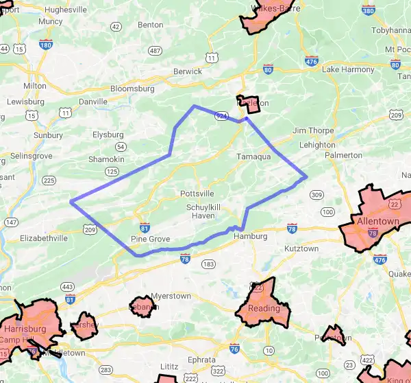 County level USDA loan eligibility boundaries for Schuylkill, Pennsylvania