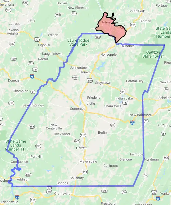 County level USDA loan eligibility boundaries for Somerset, Pennsylvania