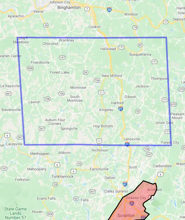 County level USDA loan eligibility boundaries for Susquehanna, Pennsylvania