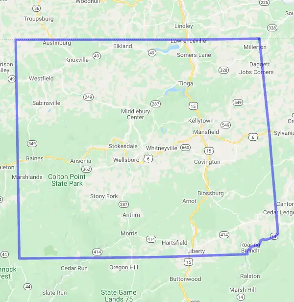 County level USDA loan eligibility boundaries for Tioga, Pennsylvania