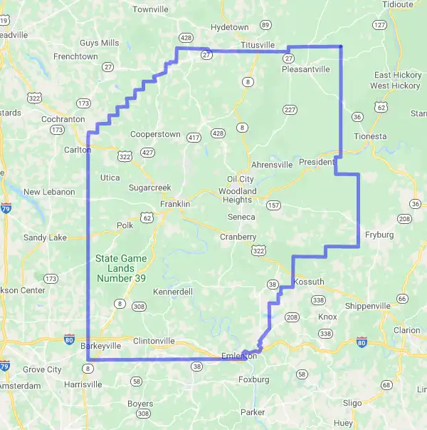 County level USDA loan eligibility boundaries for Venango, Pennsylvania