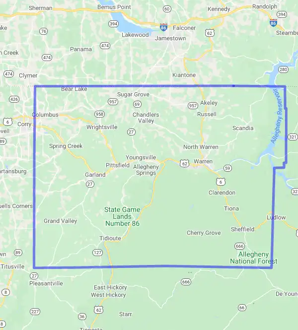 County level USDA loan eligibility boundaries for Warren, Pennsylvania