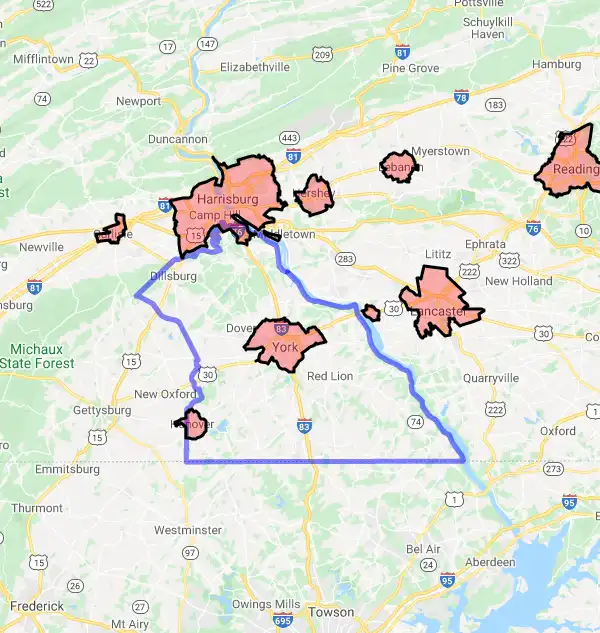 County level USDA loan eligibility boundaries for York, Pennsylvania