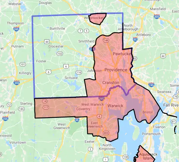 County level USDA loan eligibility boundaries for Providence, Rhode Island