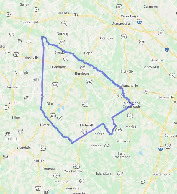 County level USDA loan eligibility boundaries for Bamberg, South Carolina