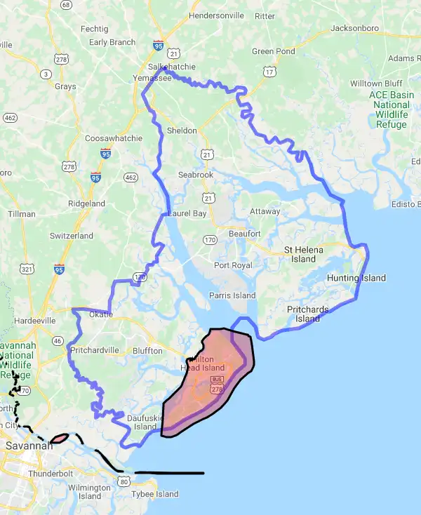 County level USDA loan eligibility boundaries for Beaufort, South Carolina