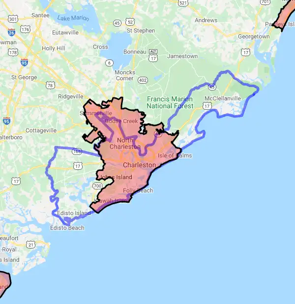 County level USDA loan eligibility boundaries for Charleston, South Carolina
