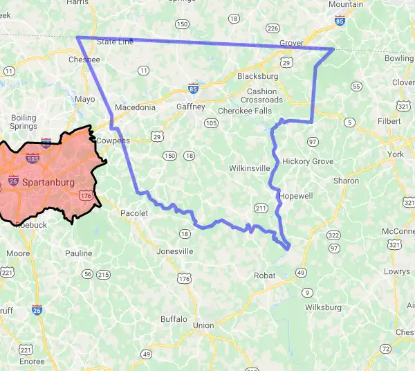 County level USDA loan eligibility boundaries for Cherokee, South Carolina
