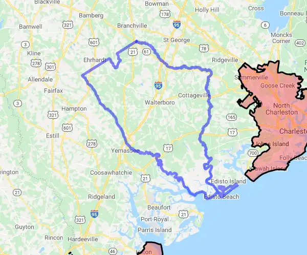 County level USDA loan eligibility boundaries for Colleton, South Carolina