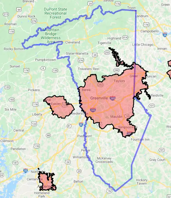 County level USDA loan eligibility boundaries for Greenville, South Carolina