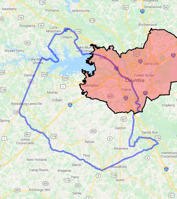 County level USDA loan eligibility boundaries for Lexington, South Carolina