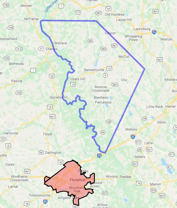 County level USDA loan eligibility boundaries for Marlboro, South Carolina