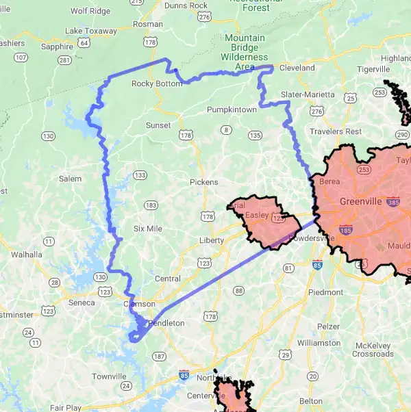 County level USDA loan eligibility boundaries for Pickens, South Carolina