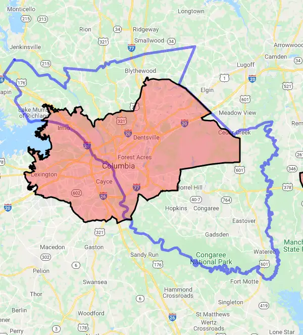 County level USDA loan eligibility boundaries for Richland, South Carolina