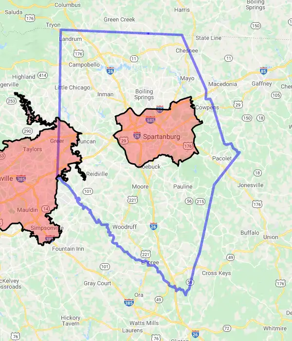 County level USDA loan eligibility boundaries for Spartanburg, South Carolina