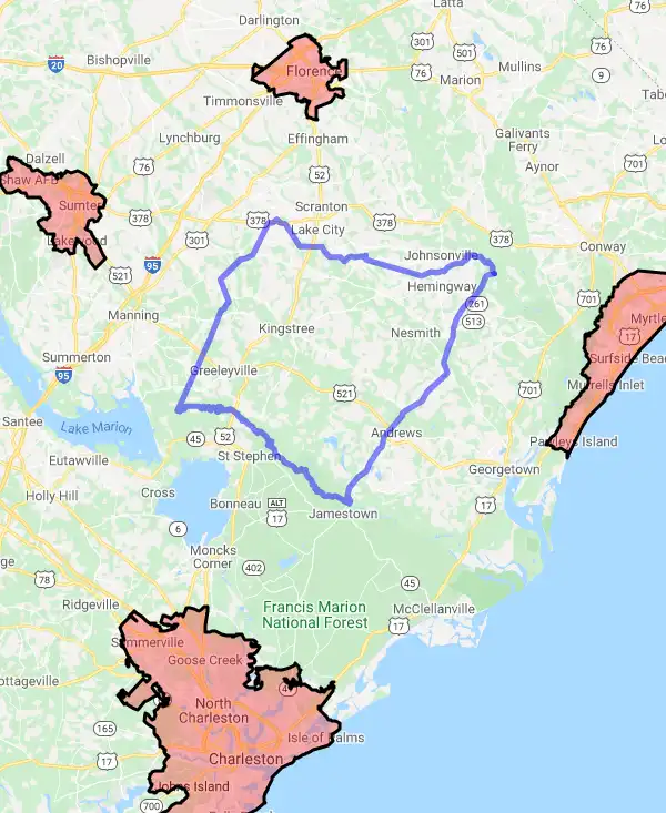 County level USDA loan eligibility boundaries for Williamsburg, South Carolina