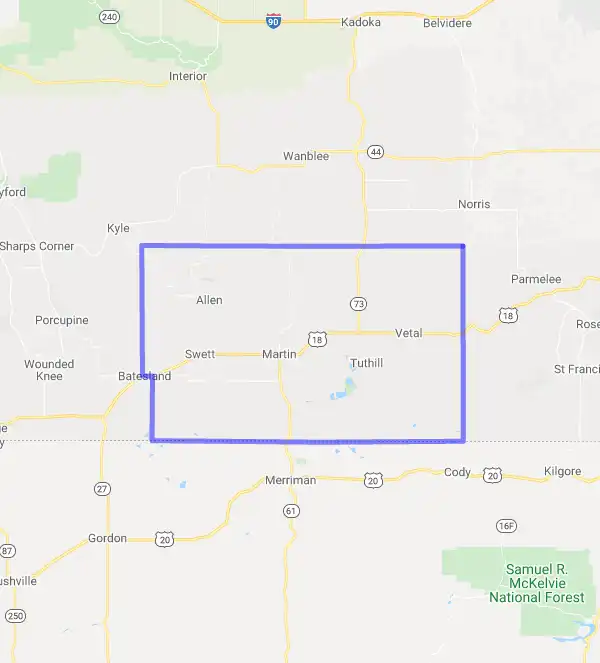 County level USDA loan eligibility boundaries for Bennett, South Dakota