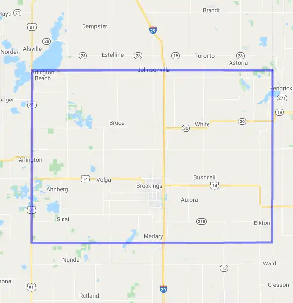County level USDA loan eligibility boundaries for Brookings, South Dakota