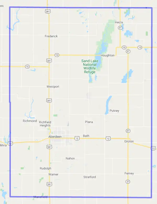 County level USDA loan eligibility boundaries for Brown, South Dakota