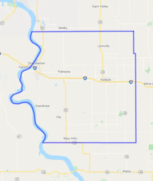 County level USDA loan eligibility boundaries for Brule, South Dakota