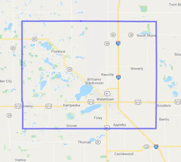 County level USDA loan eligibility boundaries for Codington, South Dakota