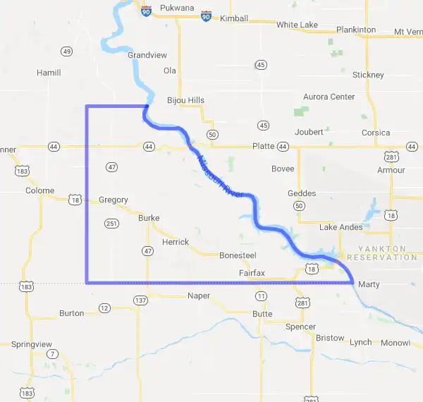 County level USDA loan eligibility boundaries for Gregory, South Dakota