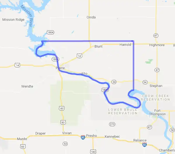 County level USDA loan eligibility boundaries for Hughes, South Dakota