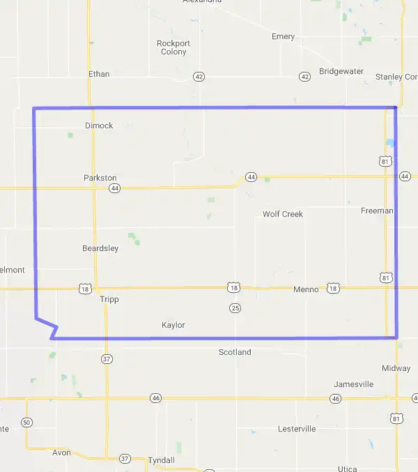 County level USDA loan eligibility boundaries for Hutchinson, South Dakota