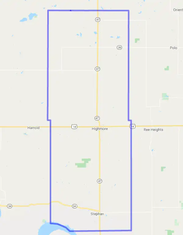 County level USDA loan eligibility boundaries for Hyde, South Dakota