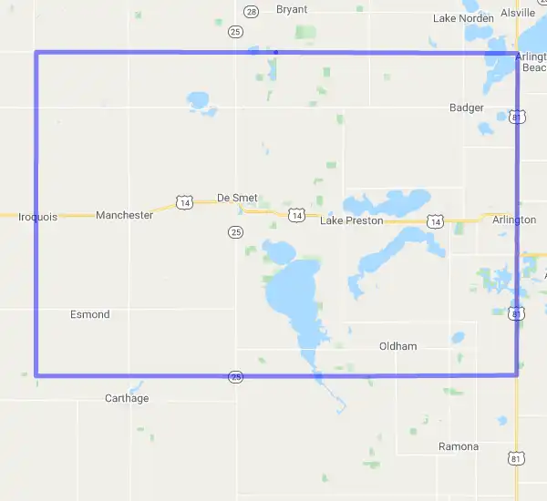 County level USDA loan eligibility boundaries for Kingsbury, South Dakota