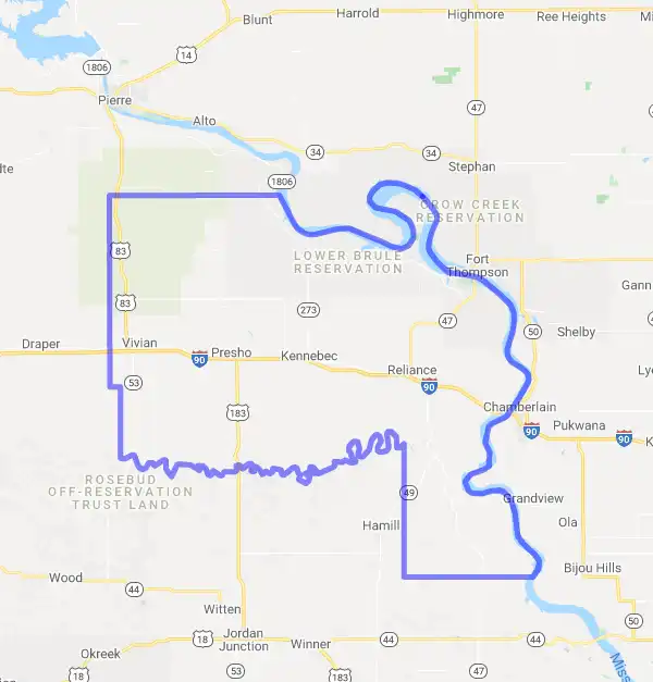 County level USDA loan eligibility boundaries for Lyman, South Dakota