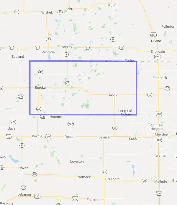 County level USDA loan eligibility boundaries for McPherson, South Dakota