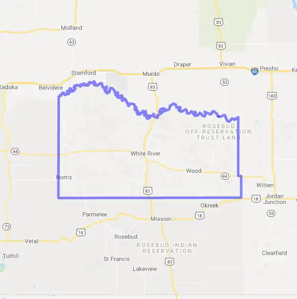 County level USDA loan eligibility boundaries for Mellette, South Dakota