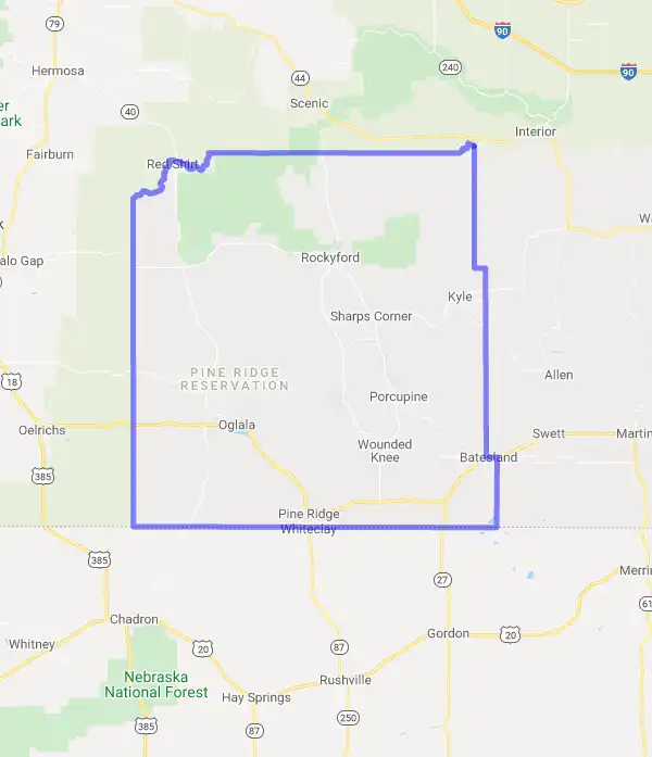 County level USDA loan eligibility boundaries for Oglala Lakota, South Dakota