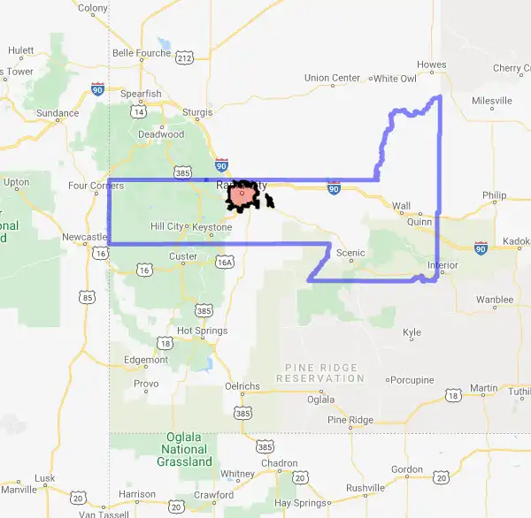 County level USDA loan eligibility boundaries for Pennington, South Dakota