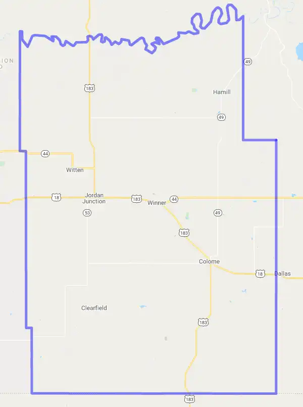 County level USDA loan eligibility boundaries for Tripp, South Dakota
