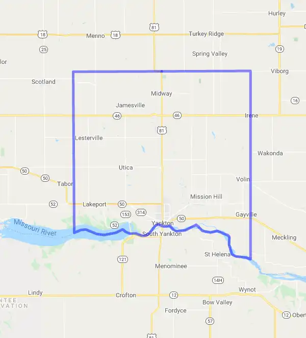 County level USDA loan eligibility boundaries for Yankton, South Dakota