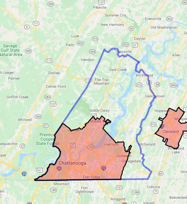 County level USDA loan eligibility boundaries for Hamilton, Tennessee