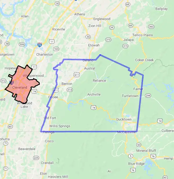 County level USDA loan eligibility boundaries for Polk, Tennessee