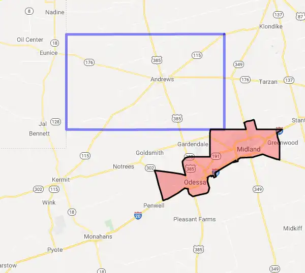 County level USDA loan eligibility boundaries for Andrews, Texas