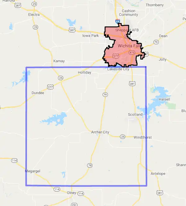 County level USDA loan eligibility boundaries for Archer, Texas