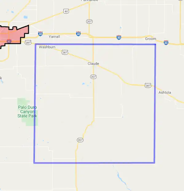 County level USDA loan eligibility boundaries for Armstrong, Texas